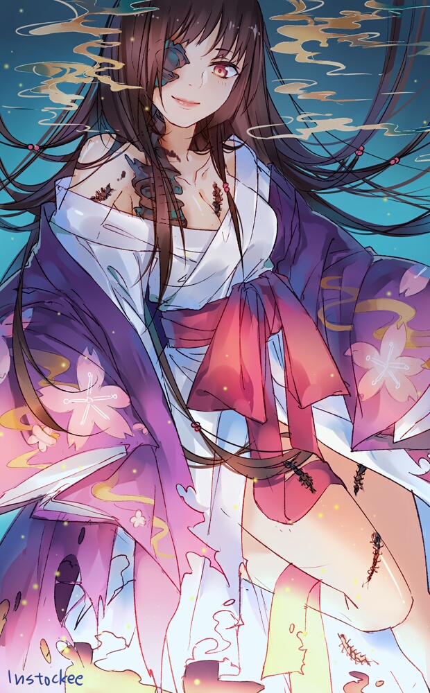 beads bones breasts brown_hair bugs centipedes cleavage hair_beads insects instockeee izanami_(noragami) legs long_hair noragami pink_eyes ribbon smoke tagme torn_clothes very_long_hair yukata