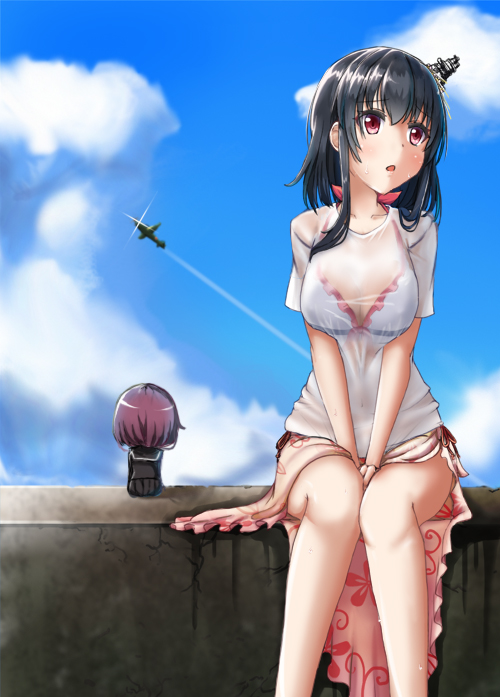 aircraft airplane bikini black_hair black_serafuku cloud condensation_trail day fairy_(kantai_collection) kantai_collection nezirinko red_eyes reppuu_(kantai_collection) sarong school_uniform see-through serafuku shirt short_hair swimsuit t-shirt yamashiro_(kantai_collection)