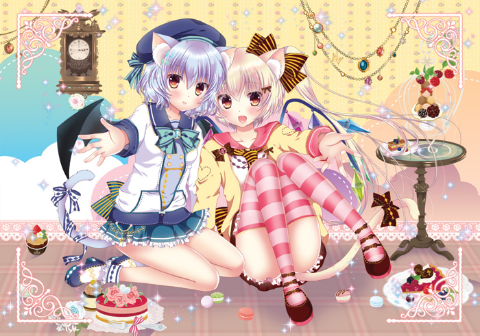 :d alternate_costume animal_ears blush bow bowtie brooch cake cat_ears cat_tail clock commentary_request cupcake flandre_scarlet food foreshortening full_body green_bow green_neckwear hair_bow jewelry kemonomimi_mode long_sleeves looking_at_viewer macaron miniskirt multiple_girls open_mouth pekopokox remilia_scarlet siblings side_ponytail sisters skirt smile striped striped_bow striped_legwear tail thighhighs touhou