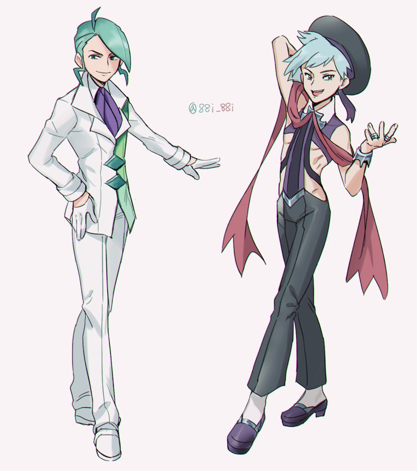 arm_behind_head ascot bbrangka blue_eyes blue_hair cosplay costume_switch formal gloves gym_leader hat mikuri_(pokemon) multiple_boys pokemon pokemon_(game) pokemon_oras pose revealing_clothes short_hair silver_hair simple_background suit tan_background tsuwabuki_daigo twitter_username white_gloves white_suit