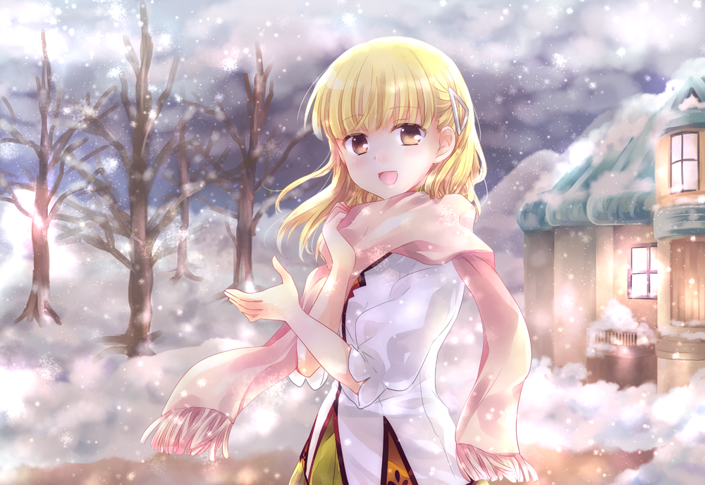 :d bangs bare_tree blonde_hair blunt_bangs blush brown_eyes building eyebrows eyebrows_visible_through_hair fringe_trim hair_ornament hairclip house kousetsu long_hair looking_at_viewer mountain open_mouth outdoors pink_scarf rosetta rune_factory rune_factory_1 rune_factory_frontier scarf smile snow snowing solo tree triangle upper_body winter