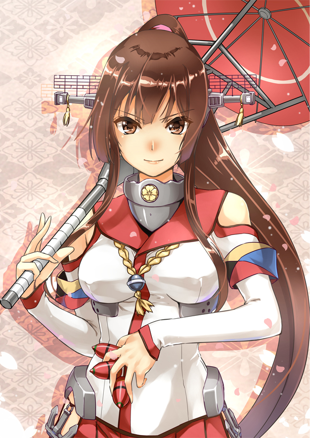 &gt;:) abo_(hechouchou) breasts brown_eyes brown_hair bullet cherry_blossoms commentary_request detached_sleeves headgear kantai_collection long_hair long_sleeves looking_at_viewer medium_breasts oriental_umbrella petals ponytail red_skirt red_umbrella skirt smile solo umbrella upper_body v-shaped_eyebrows very_long_hair yamato_(kantai_collection)
