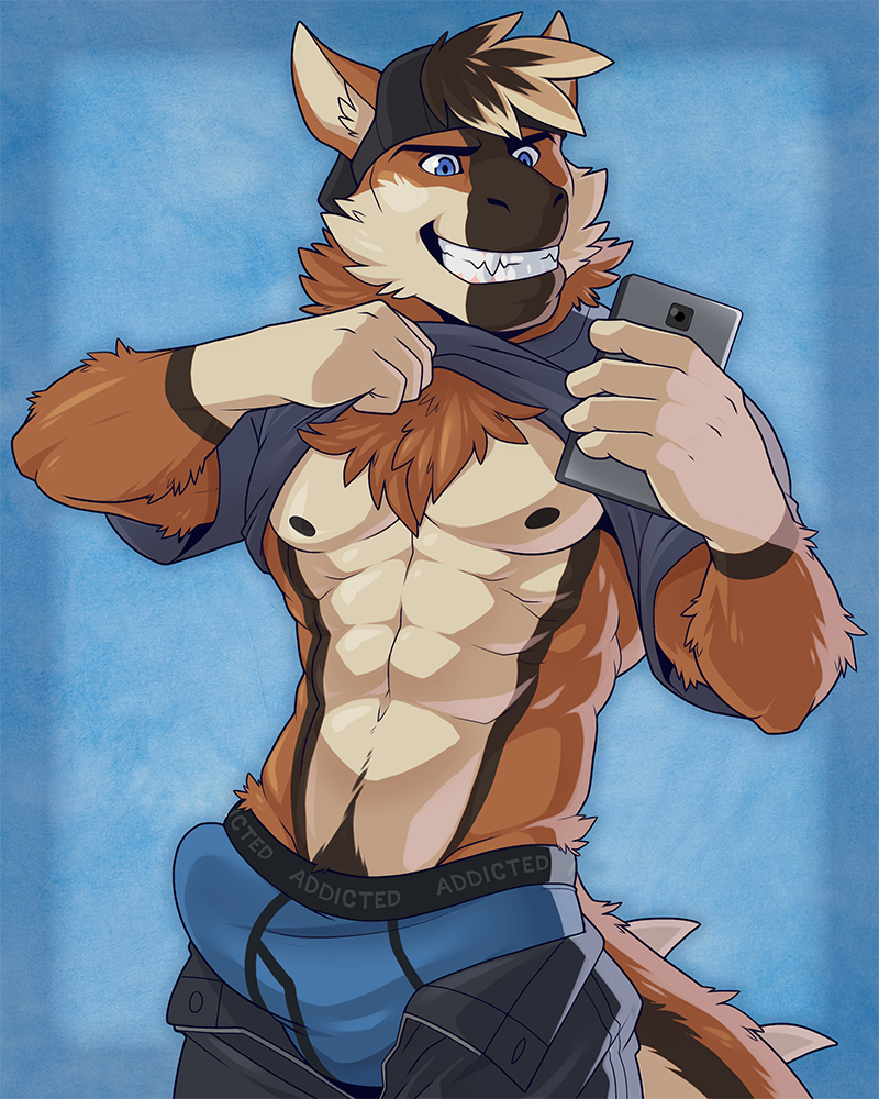 2016 abs aluminemsiren anthro backwards_baseball_cap baseball_cap biped black_fur blue_background blue_eyes blue_underwear brown_fur bulge canid canine canis cellphone chest_tuft clothed clothing clothing_lift digital_media_(artwork) dragon ear_tuft english_text erection fur gloves_(marking) grin hair hat holding_object hybrid inner_ear_fluff male mammal markings multicolored_fur multicolored_tail muscular muscular_male navel nipples partially_clothed pecs penis_outline phone portrait reazu shirt shirt_lift short_hair simple_background smile solo standing t-shirt teeth text three-quarter_portrait tuft two_tone_fur underwear white_fur