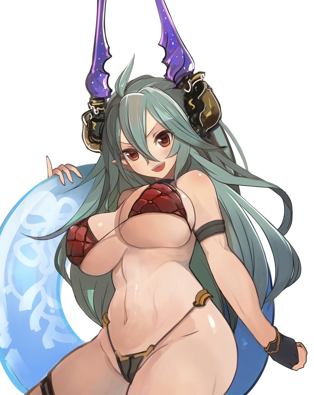 ahoge arm_strap bikini blush breasts draph granblue_fantasy green_hair highleg highleg_bikini highres horns innertube large_breasts long_hair navel open_mouth pupps red_eyes sarasa_(granblue_fantasy) scales simple_background smile solo swimsuit thigh_strap white_background wrist_cuffs