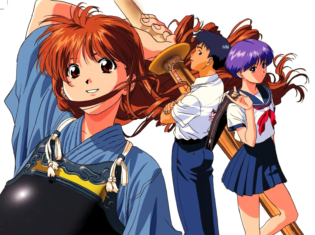 2girls arm_up armor asuka_(viper) brown_eyes brown_hair floating_hair grin japanese_clothes katsura_ken'ichirou long_hair looking_at_viewer multiple_girls official_art pleated_skirt purple_hair school_uniform shinai short_hair simple_background skirt smile source_request sword viper viper_ctr weapon white_background