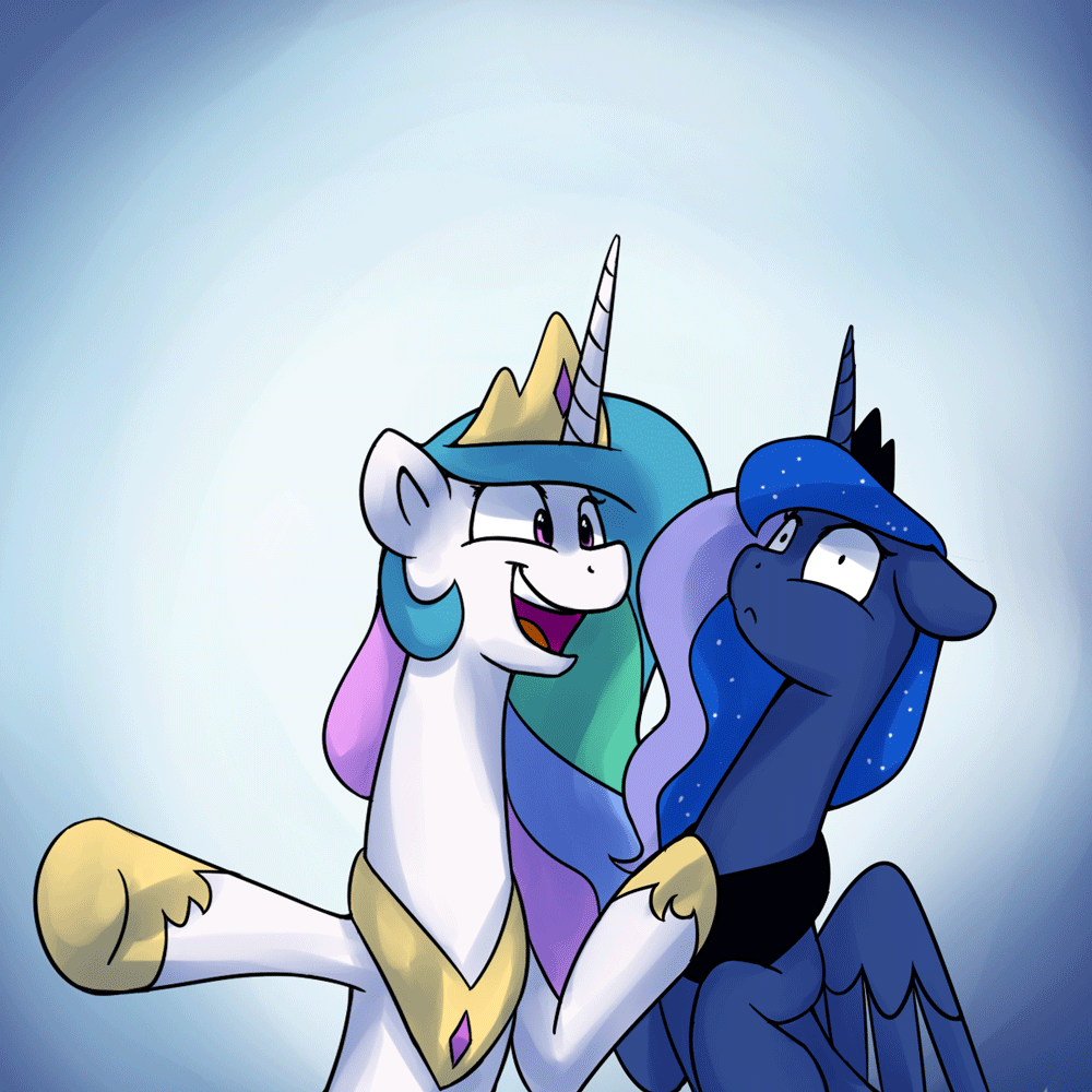 2016 animated anticularpony blue_eyes blue_feathers blue_fur blue_hair crown duo equine feathers female feral friendship_is_magic fur hair horn jewelry mammal multicolored_hair my_little_pony necklace princess_celestia_(mlp) princess_luna_(mlp) simple_background smile unicorn white_background white_fur winged_unicorn wings