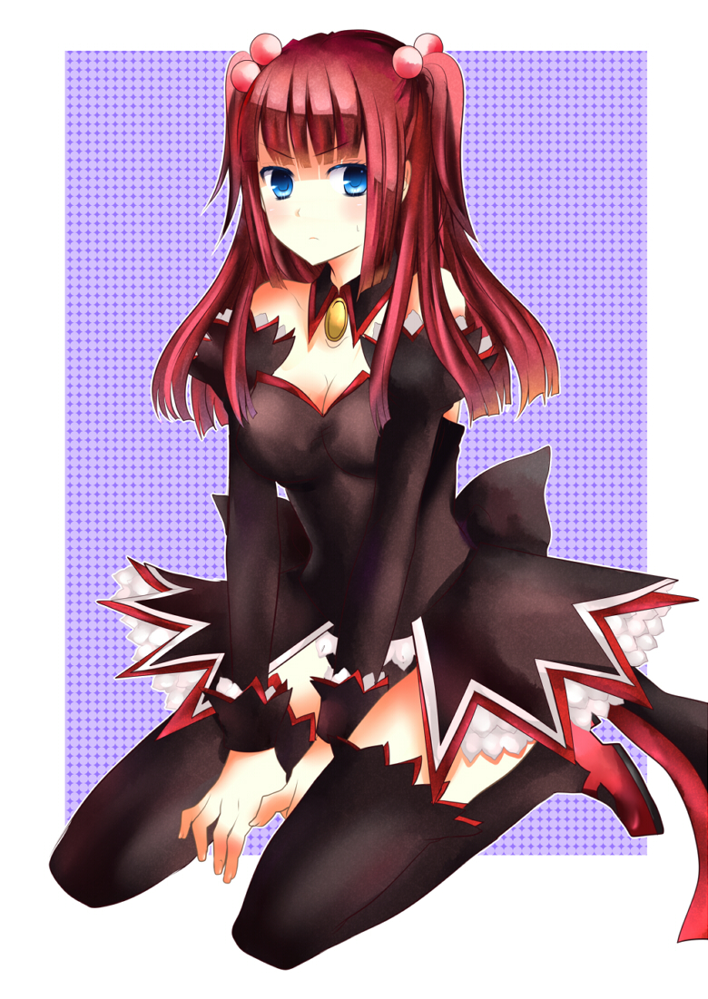 angel_mort bad_id bad_pixiv_id black_legwear blue_eyes breasts cleavage hair_bobbles hair_ornament kinatsu_souju kneeling medium_breasts red_hair solo thighhighs umineko_no_naku_koro_ni ushiromiya_ange