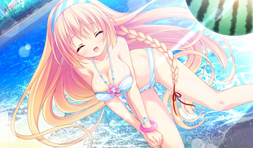 1girl bikini blonde_hair braid cleavage dutch_angle eyes_closed hairband kinoko petite single_braid smile solo striped_bikini swimsuit very_long_hair water watermelon