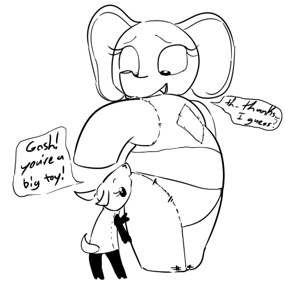 dialogue dotkwa duo elephant ellie_the_elephant english_text female lilly_goat mammal plushie size_difference speech_bubble text toybox_pals