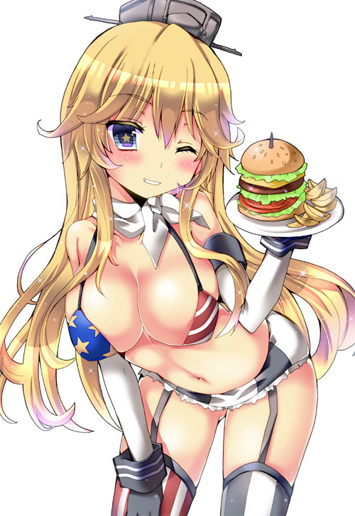 bikini_top blonde_hair blue_eyes breasts cleavage elbow_gloves food garter_straps gloves hamburger iowa_(kantai_collection) kantai_collection large_breasts leaning_forward long_hair miniskirt potato_wedges skirt solo star star-shaped_pupils striped striped_legwear symbol-shaped_pupils thighhighs vertical-striped_legwear vertical_stripes yoroi_nau