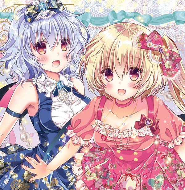 :d alternate_costume bare_shoulders blonde_hair blue_bow blue_hair blush bow breasts brooch choker collarbone commentary_request dress fang flandre_scarlet floral_print frilled_shirt_collar frills hair_bow jewelry leaning_forward looking_at_viewer medium_breasts multiple_girls open_mouth pekopokox puffy_short_sleeves puffy_sleeves red_bow red_eyes remilia_scarlet short_sleeves siblings side_ponytail sisters sleeveless smile touhou upper_body