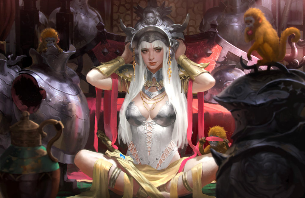 armor breastplate breasts cleavage commentary eyeshadow fantasy gorget headgear indian_style jewelry kilart long_hair makeup medium_breasts monkey necklace original pauldrons realistic red_eyes silver_hair sitting solo sword vambraces weapon