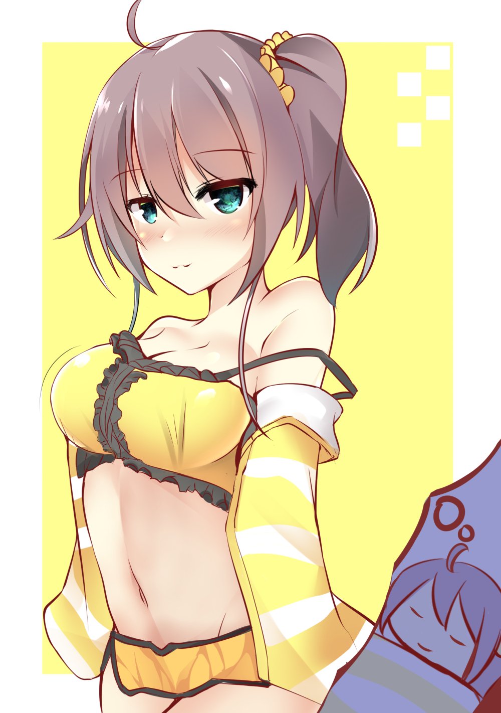 1girl ahoge alternate_breast_size bare_shoulders blue_eyes blush bra breasts brown_hair chibi cleavage collarbone commentary_request dreaming eyes_closed groin highres hololive jacket looking_at_viewer medium_breasts natsuiro_matsuri navel short_shorts shorts side_ponytail smile solo underwear virtual_youtuber zatu