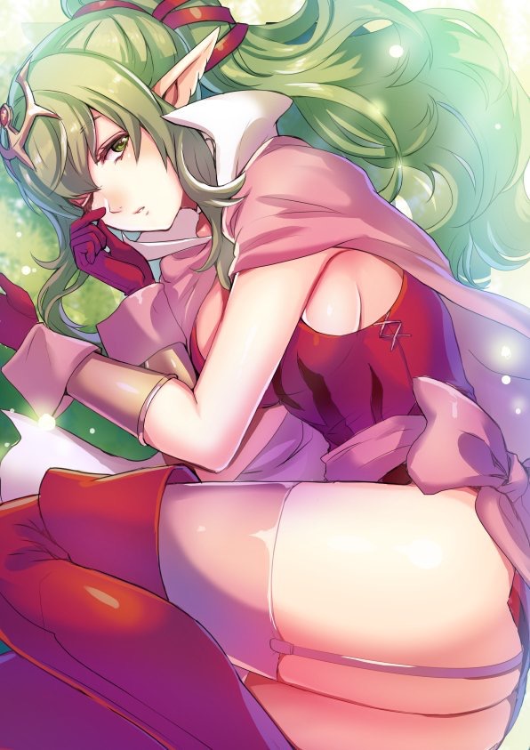 1girl ass boots bracelet breasts cape chiki dragon dress fire_emblem fire_emblem:_kakusei fire_emblem:_monshou_no_nazo fire_emblem_heroes garter_straps gloves green_eyes green_hair hair_ornament jewelry kokouno_oyazi large_breasts long_hair looking_at_viewer lying mamkute nintendo older on_side one_eye_closed pink_dress pink_legwear pointy_ears ponytail red_dress red_footwear red_gloves short_dress sideboob simple_background solo strapless strapless_dress thigh_boots thighhighs tiara