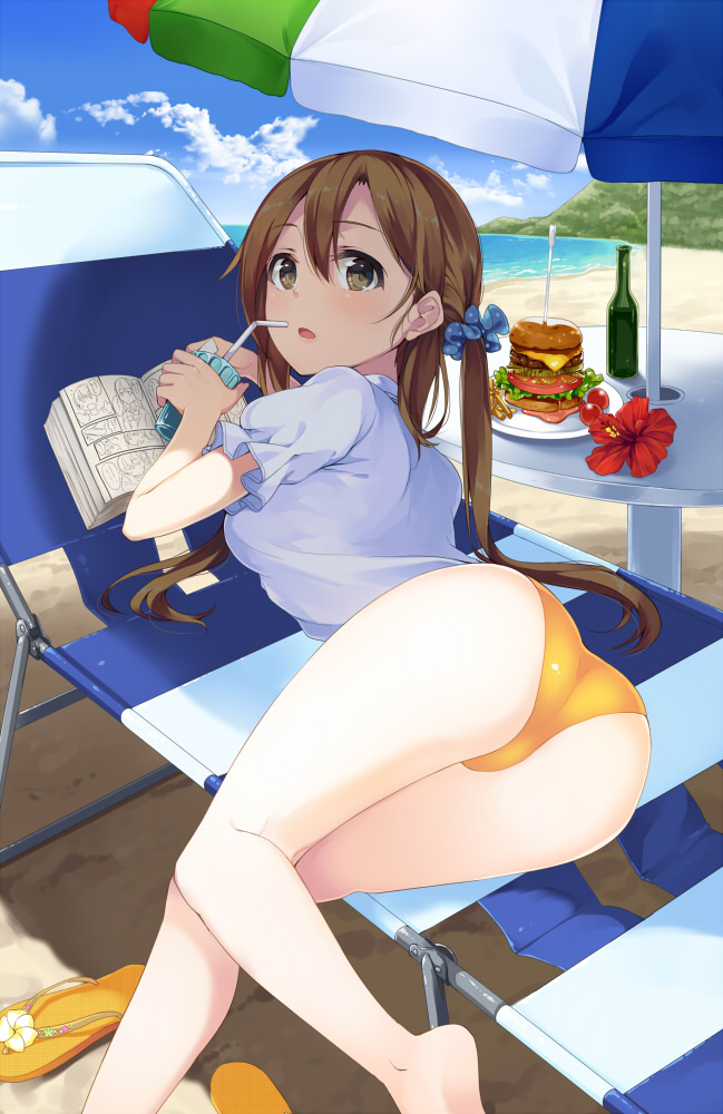 ass bangs bare_legs barefoot beach beach_umbrella bikini_bottom blouse bottle brown_eyes brown_hair chair cloud cup day drink drinking_glass drinking_straw flip-flops flower food french_fries hair_between_eyes hamburger hibiscus holding holding_cup long_hair looking_at_viewer looking_back lounge_chair lying manga_(object) on_side original outdoors parted_lips plate sandals sandals_removed scrunchie shade short_sleeves sky solo umbrella unasaka_ryou white_blouse