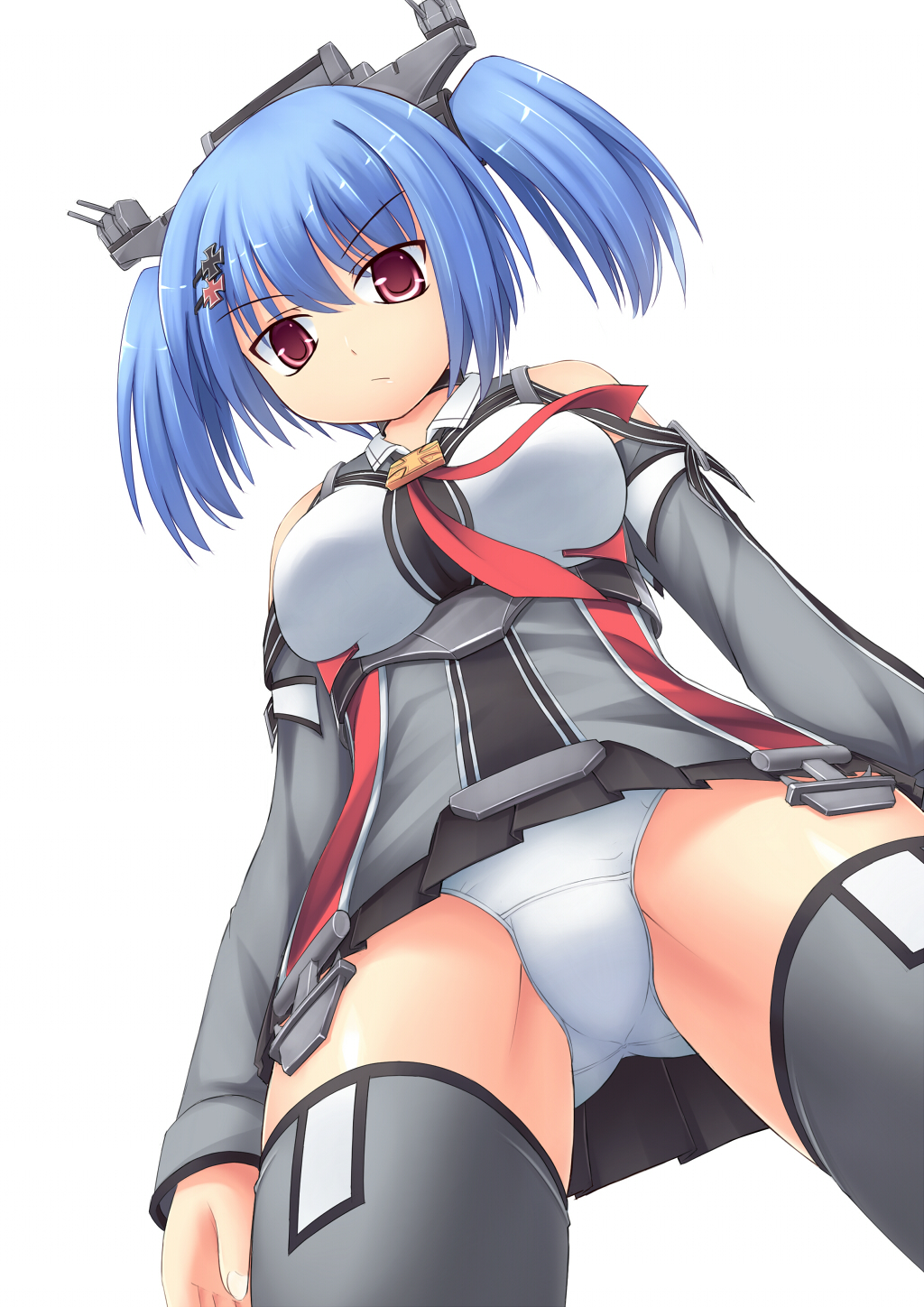 :/ ass_visible_through_thighs blue_hair breasts from_below glaring groin_tendon highres large_breasts panties prinz_eugen_(zhan_jian_shao_nyu) red_eyes rigging solo srwsrx_(gp03dsrx) thighhighs thighs twintails underwear v-shaped_eyebrows white_background white_panties zhan_jian_shao_nyu