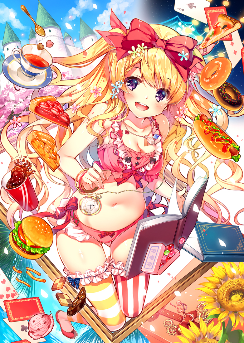 :d ace_of_spades alice_(wonderland) alice_in_wonderland bangs blonde_hair book bow bow_bra bow_panties bra bracelet braid breasts candy card castle checkerboard_cookie cherry_blossoms cleavage commentary_request cookie cover cover_page cup doughnut doujin_cover flower food french_fries frilled_bra frills garters hair_bow hair_flower hair_ornament hamburger hot_dog ice_cream jelly_bean jewelry long_hair looking_at_viewer medium_breasts midriff mismatched_legwear miwabe_sakura navel open_book open_mouth panties pizza playing_card pocket_watch purple_eyes saucer side-tie_panties smile solo spoon strawberry_tart striped striped_legwear sunflower tart_(food) teacup two_side_up underwear vertical-striped_legwear vertical_stripes vial watch