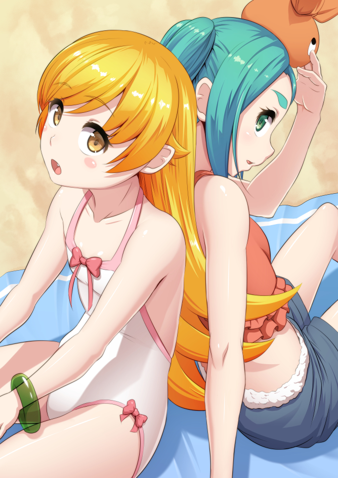 :d :o aqua_hair arm_support back-to-back bakemonogatari bangs bare_shoulders beach beach_towel blonde_hair blush_stickers bow bracelet breasts casual_one-piece_swimsuit collarbone cowboy_shot crop_top day eyebrows eyebrows_visible_through_hair fang flat_chest flipped_hair frills from_side fur_trim green_eyes hand_on_headwear hand_up hat head_tilt jewelry long_hair looking_at_viewer looking_back midriff monogatari_(series) multiple_girls murata_isshin one-piece_swimsuit ononoki_yotsugi open_mouth oshino_shinobu outdoors parted_bangs pink_bow pointy_ears profile sand shiny shiny_hair short_pointy_ears shorts sidelocks sitting small_breasts smile surprised swimsuit tank_top thick_eyebrows towel transparent twintails white_swimsuit yellow_eyes
