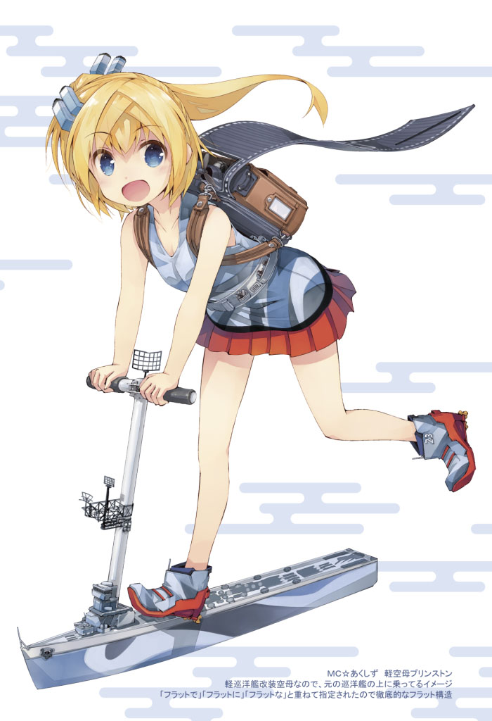 :d anchor backpack bag bare_arms belt blonde_hair blue_eyes boots camouflage eyebrows eyebrows_visible_through_hair full_body hair_ornament kick_scooter leaning_forward leg_up long_hair looking_at_viewer mc_axis nanaroku_(fortress76) open_mouth pleated_skirt ponytail radar shirt skirt sleeveless sleeveless_shirt smile solo text_focus translation_request uss_princeton_(cvl-23) white_background