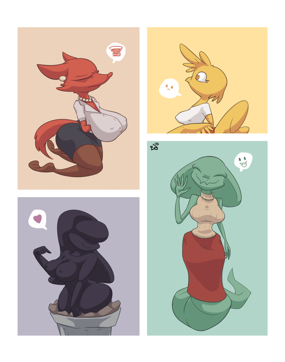 anthro avian bird breasts canine clothing echo_seed feathers female fox mammal reptile scalie skirt snake sweater trash