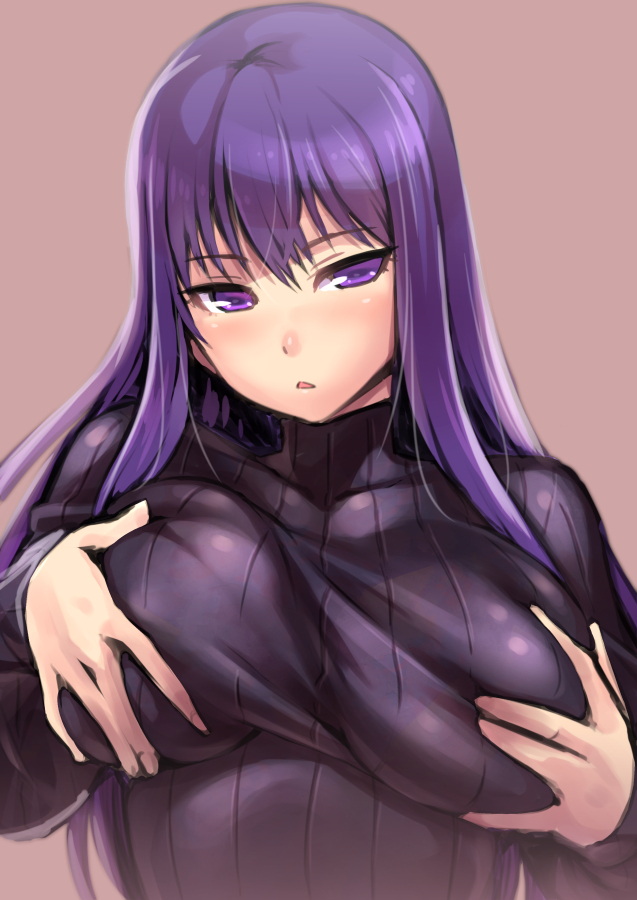 \||/ bangs blush breast_hold breasts commentary_request deep_skin embarrassed eyebrows eyebrows_visible_through_hair eyelashes hair_between_eyes large_breasts long_hair long_sleeves looking_at_viewer malariya ono_misao parted_lips purple_eyes purple_hair quiz_magic_academy ribbed_sweater self_fondle solo sweater turtleneck unaligned_breasts upper_body