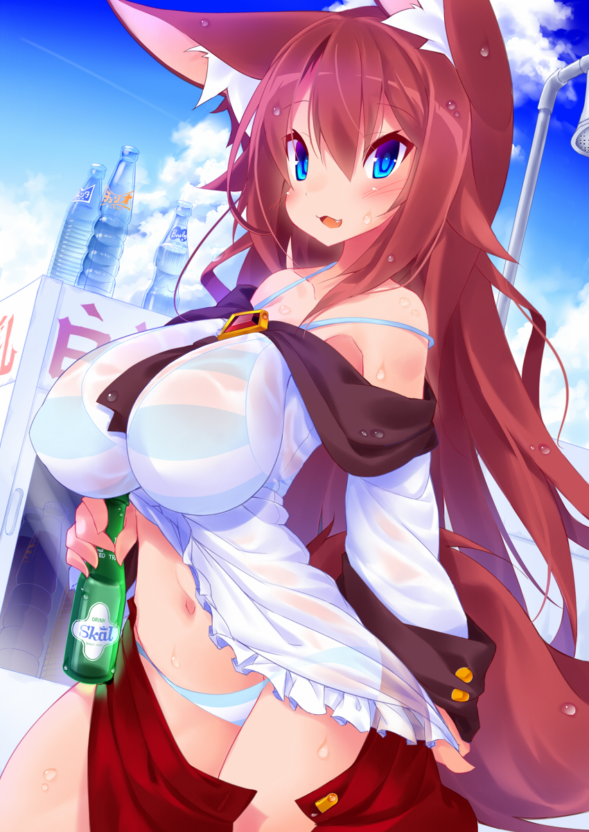 animal_ears bikini bikini_under_clothes blue_eyes blush bottle breasts brooch brown_hair cloud fang highres imaizumi_kagerou jewelry koha large_breasts long_hair looking_at_viewer navel off_shoulder open_mouth see-through skirt skirt_pull sky smile solo strap_slip striped striped_bikini swimsuit tail touhou wet wolf_ears wolf_tail