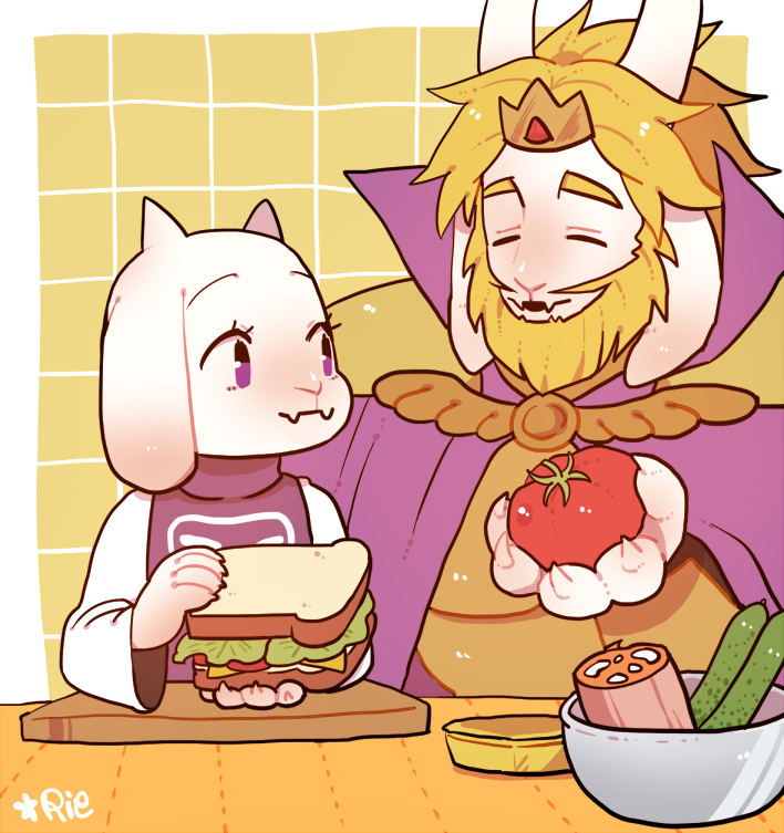 2016 asgore_dreemurr blonde_hair boss_monster cape caprine clothing crown facial_hair female food fruit goat hair horn long_ears long_horns male mammal rie_(artist) robe sandwich_(disambiguation) tagme tomato toriel undertale video_games