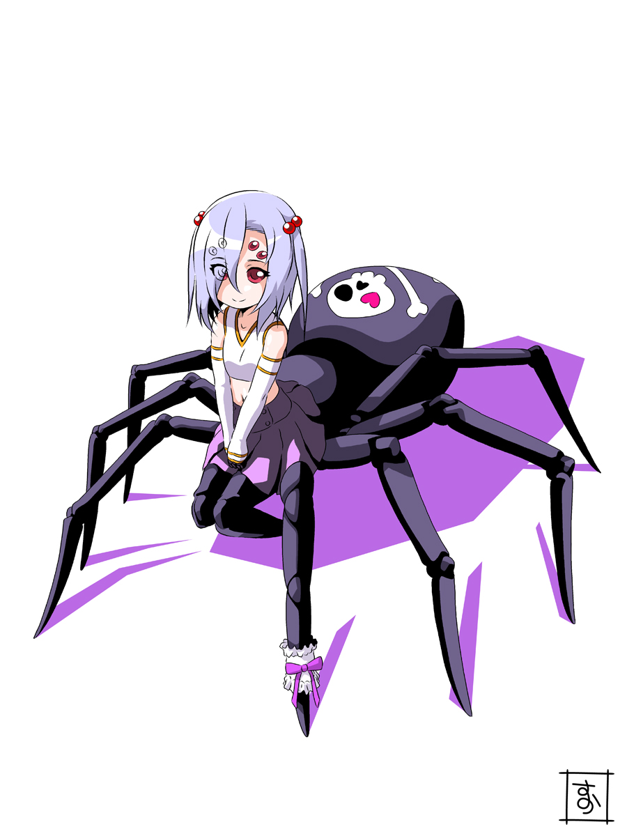 arachne carapace detached_sleeves extra_eyes eyes_visible_through_hair full_body highres insect_girl lavender_hair leg_garter lolinera monster_girl monster_musume_no_iru_nichijou multiple_legs pink_eyes rachnera_arachnera s-now shadow signature simple_background solo spider_girl white_background younger