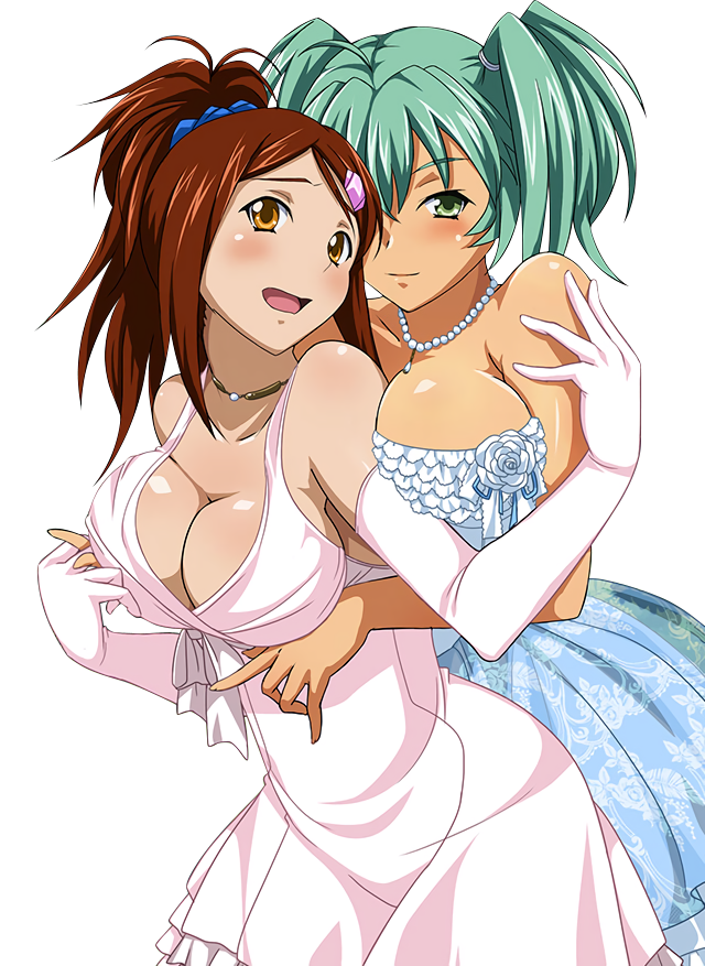 bachou_mouki blue_dress breast_press breasts brown_eyes brown_hair cleavage collarbone dress elbow_gloves extraction gloves green_eyes green_hair hair_ornament hair_scrunchie holding_hands ikkitousen jewelry large_breasts long_hair multiple_girls necklace open_mouth ponytail ryofu_housen scrunchie short_hair sideboob strapless strapless_dress transparent_background twintails white_dress white_gloves yuri