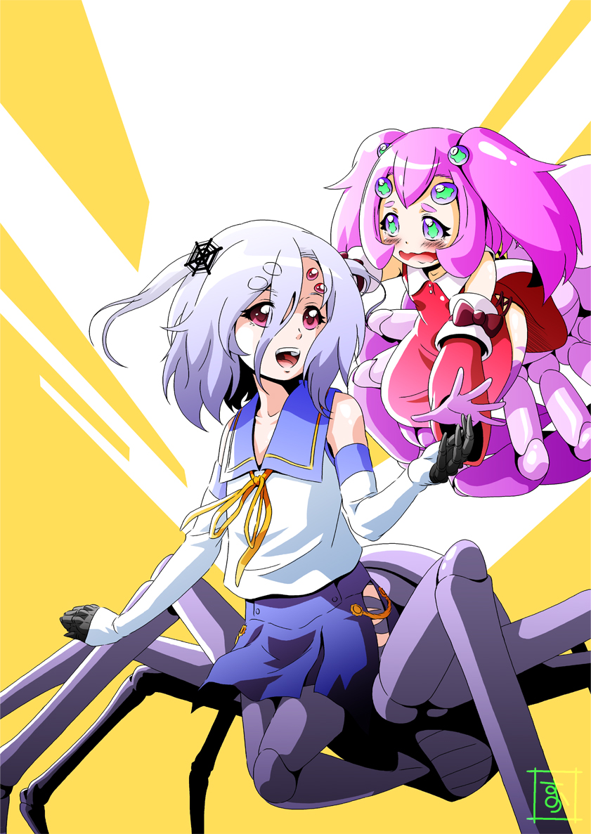 arachne carapace detached_sleeves extra_eyes eyes_visible_through_hair green_eyes hair_ornament insect_girl lavender_hair lolinera monster_girl monster_musume_no_iru_nichijou multiple_girls multiple_legs open_mouth pink_eyes pink_hair purple_sclera rachnera_arachnera s-now school_uniform signature small_breed_(monster_musume) spider_girl twintails wavy_mouth younger
