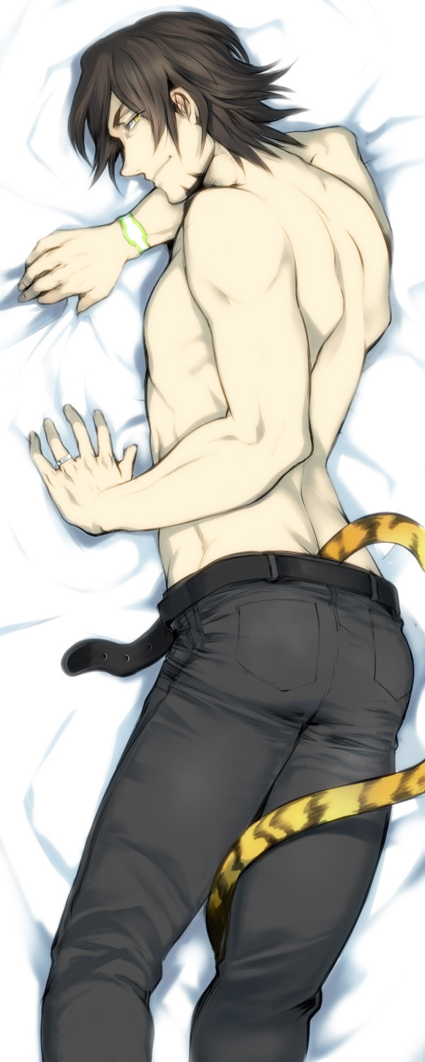 belt brown_hair dakimakura denim highres jeans jewelry kaburagi_t_kotetsu lying male_focus on_stomach pants ring shirtless smile solo tail tiger_&amp;_bunny tori_(driftwood)