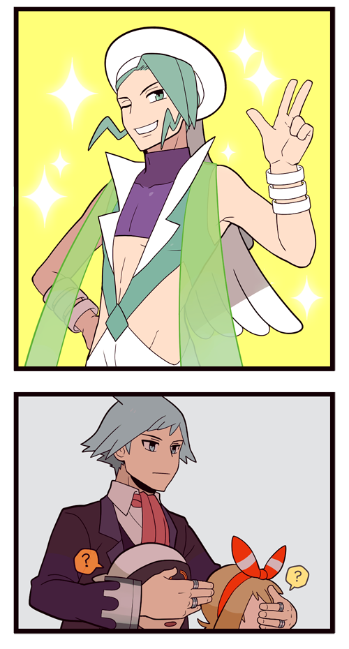 2koma 3boys ? aqua_hair comic covering_eyes fabulous gojya gym_leader hair_ribbon haruka_(pokemon) mikuri_(pokemon) multiple_boys one_eye_closed pokemon pokemon_(game) pokemon_oras ribbon short_hair silent_comic silver_hair sleeveless sparkle spoken_question_mark tsuwabuki_daigo two_side_up yuuki_(pokemon)