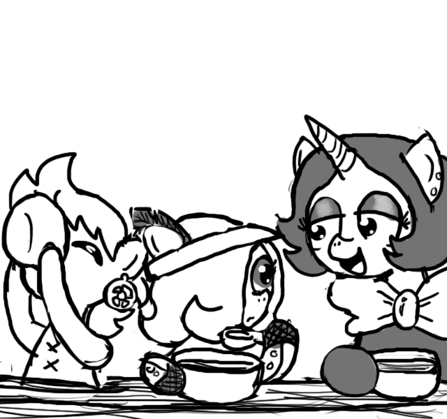 bow bowl clothing cub ear_piercing earth_pony eating emerald_jewel(colt_quest) equine eyes_closed fan_character feathers female ficficponyfic food hat horn horse joyride(colt_quest) male mammal my_little_pony piercing pony ruby_rouge(colt_quest) spoon unicorn young