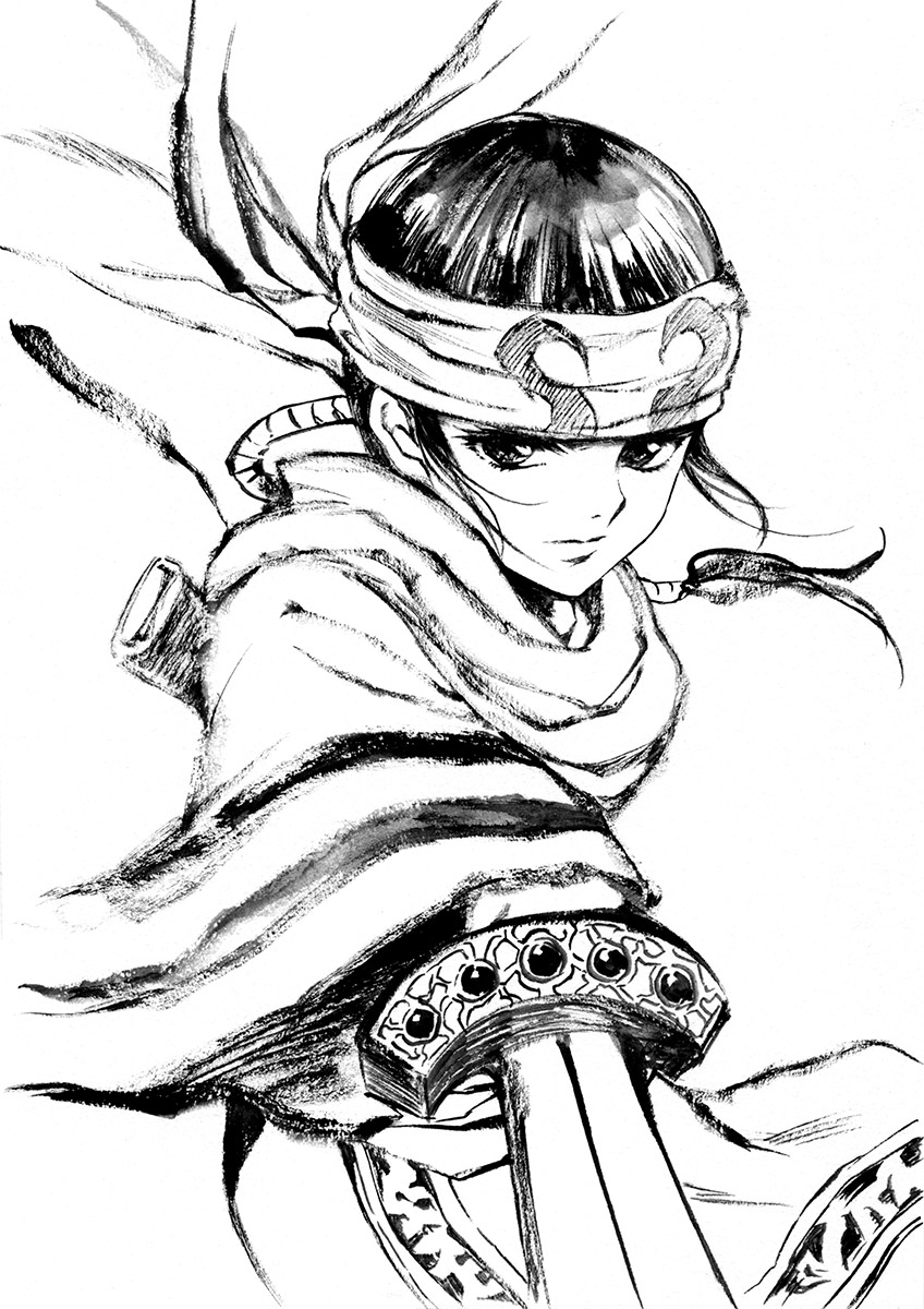 agahari greyscale headband highres kingdom kyoukai_(kingdom) long_hair monochrome ponytail scarf solo sword traditional_media weapon