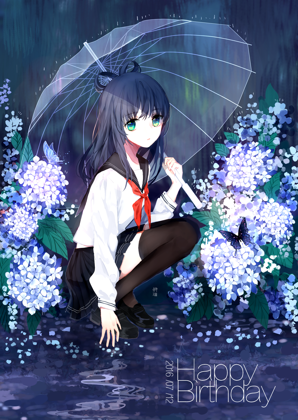 2016 alternate_hairstyle arm_support artist_name black_legwear black_skirt blouse blue blue_hair bug butterfly dated english flower from_side full_body hair_rings happy_birthday highres holding holding_umbrella hydrangea insect loafers long_hair long_sleeves looking_at_viewer luo_tianyi neckerchief outdoors pleated_skirt puddle rain sailor_collar school_uniform serafuku shoes skirt solo squatting text_focus thighhighs transparent transparent_umbrella umbrella vocaloid vocanese white_blouse yu_jiu zettai_ryouiki