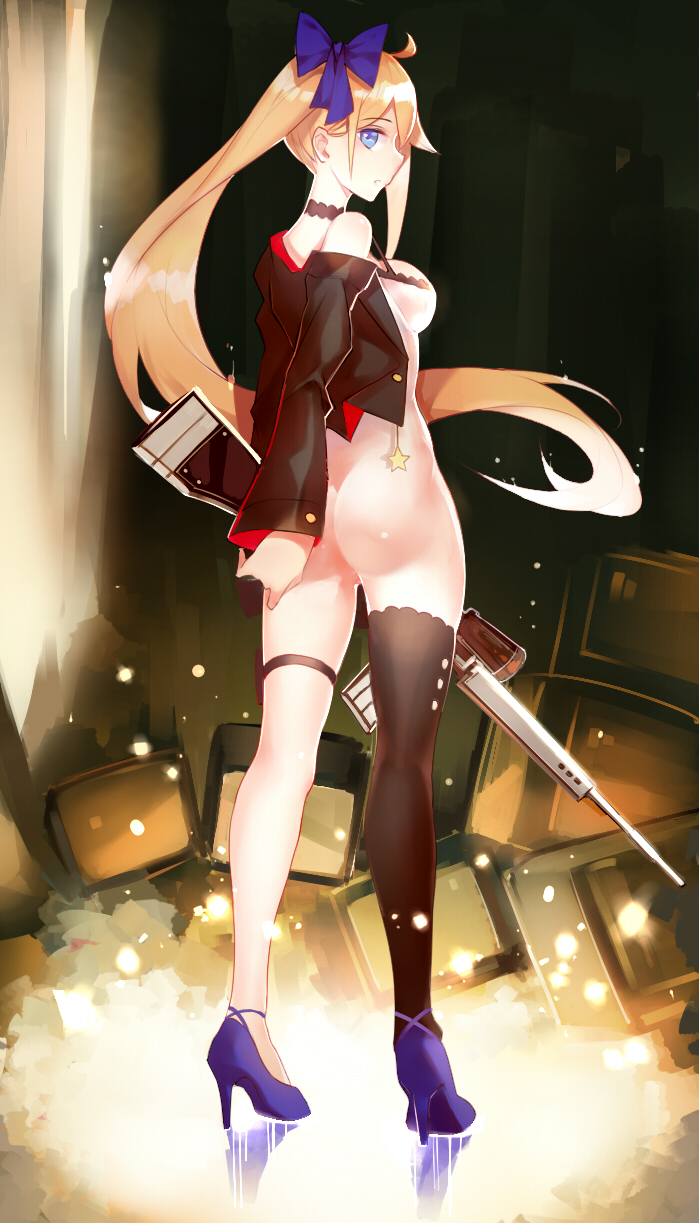 ass assault_rifle black_legwear blonde_hair blue_eyes bow choker expressionless fal_(girls_frontline) full_body girls_frontline gun hair_bow high_heels highres horz jacket long_hair looking_at_viewer looking_back naked_coat purple_bow purple_footwear rifle shoes side_ponytail single_thighhigh solo standing thighhighs weapon