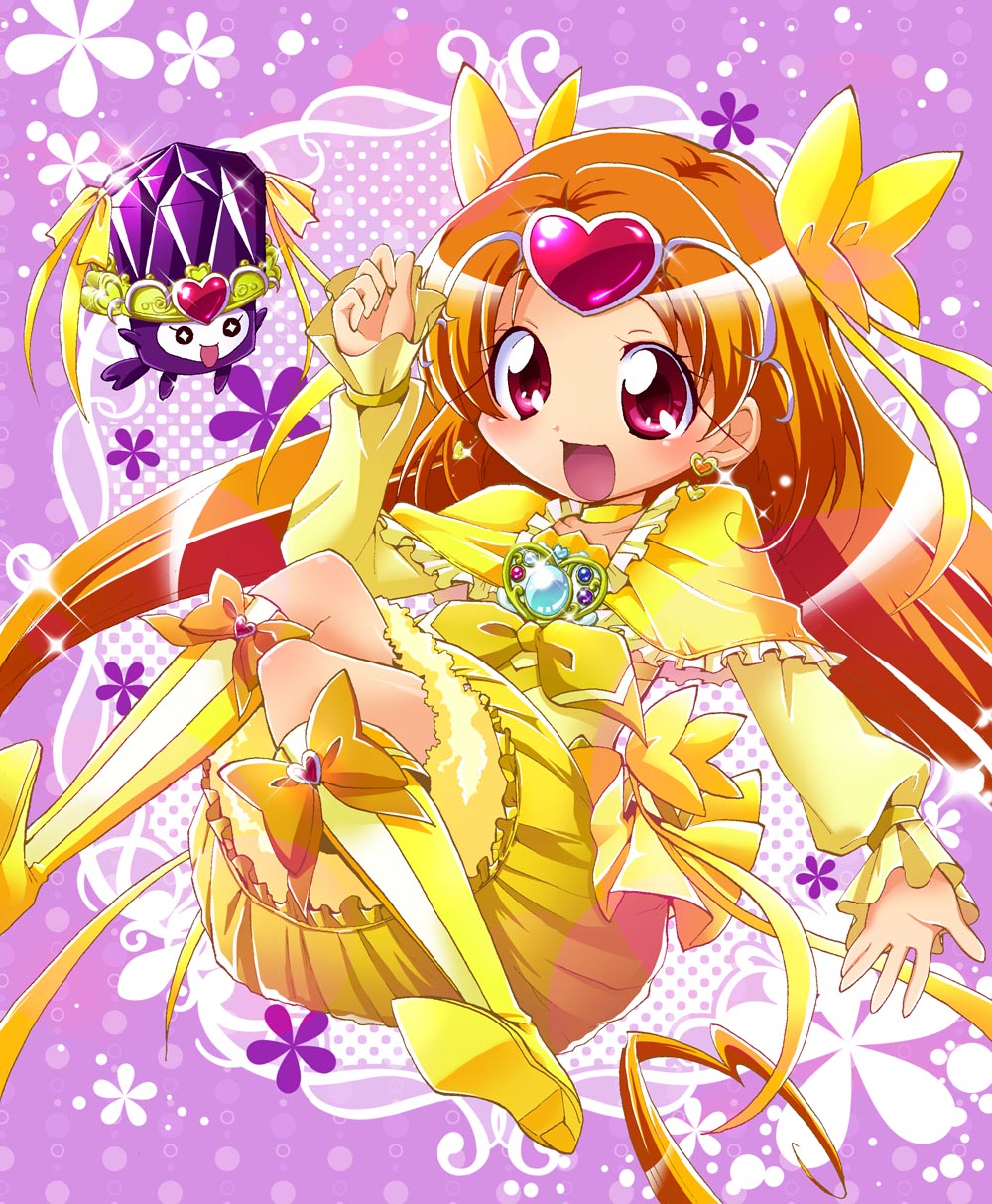 boots bow brooch bubble_skirt choker circlet cure_muse_(yellow) dodory dress earrings eyelashes fairy_tone frills full_body hair_ribbon happy heart highres jewelry karak_nishiki knee_boots long_hair magical_girl orange_hair precure purple_background red_eyes ribbon shirabe_ako skirt suite_precure yellow_bow