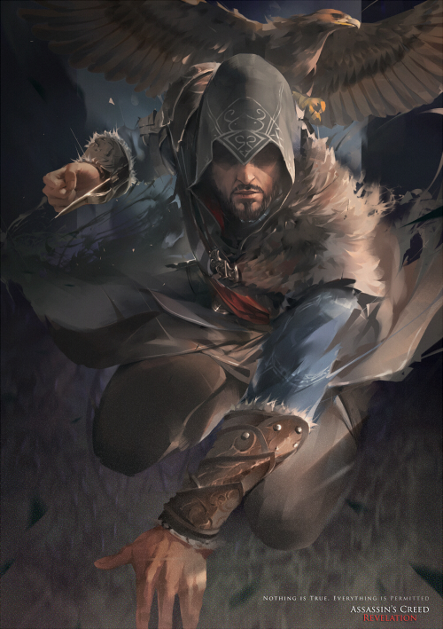 1boy animal assassin's_creed assassin's_creed:_revelations assassin's_creed_(series) beard bird ezio_auditore_da_firenze facial_hair hood male_focus scarf solo weapon