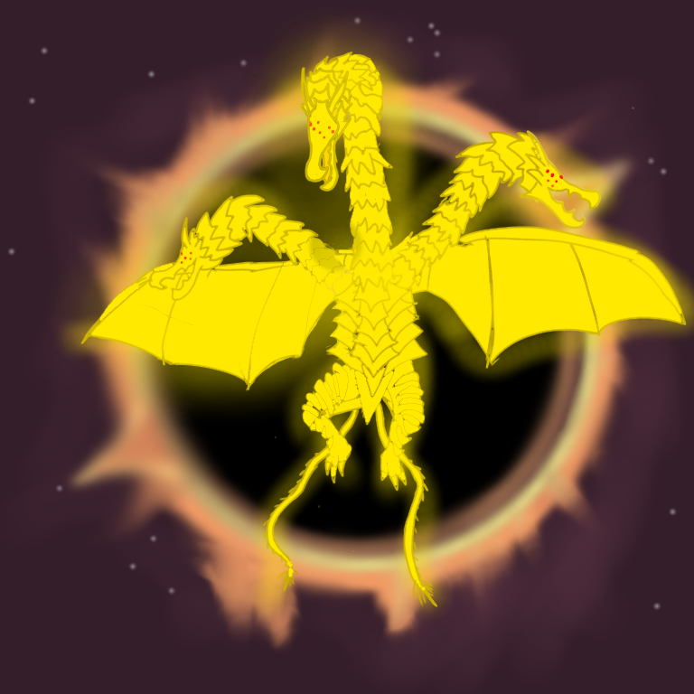 aura black_hole_(space) dragon dragon_horns dragon_wings electricity extra_eyes fangs fire ghidorah_(godzilla:_the_planet_eater) glowing glowing_eyes godzilla:_the_planet_eater godzilla_(series) gold horns kaijuu king_ghidorah monster multiple_heads multiple_tails no_humans open_mouth red_eyes scales sharp_teeth sky space tail teeth vts3797 wings