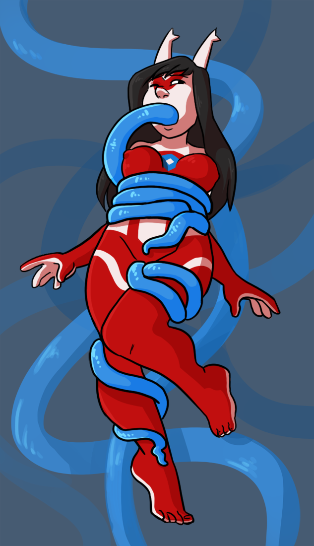 abstract_background black_hair breasts ethriol female hair humanoid_feet latias legendary_pok&eacute;mon nintendo nipples oral pok&eacute;mon red_scales scales slightly_chubby tentacles video_games white_scales