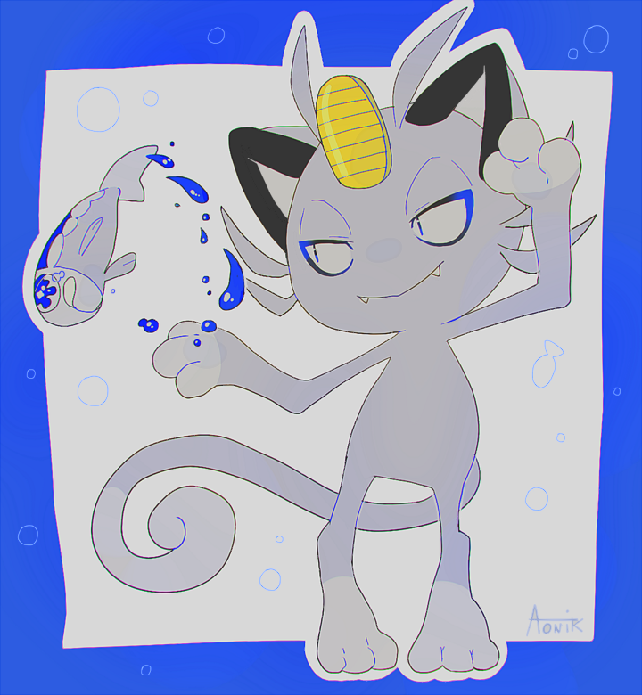 alolan_meowth animal_ears aonik artist_name cat_ears cat_tail coin fish gen_7_pokemon meowth no_humans pokemon pokemon_(creature) pokemon_(game) pokemon_sm tail water wishiwashi