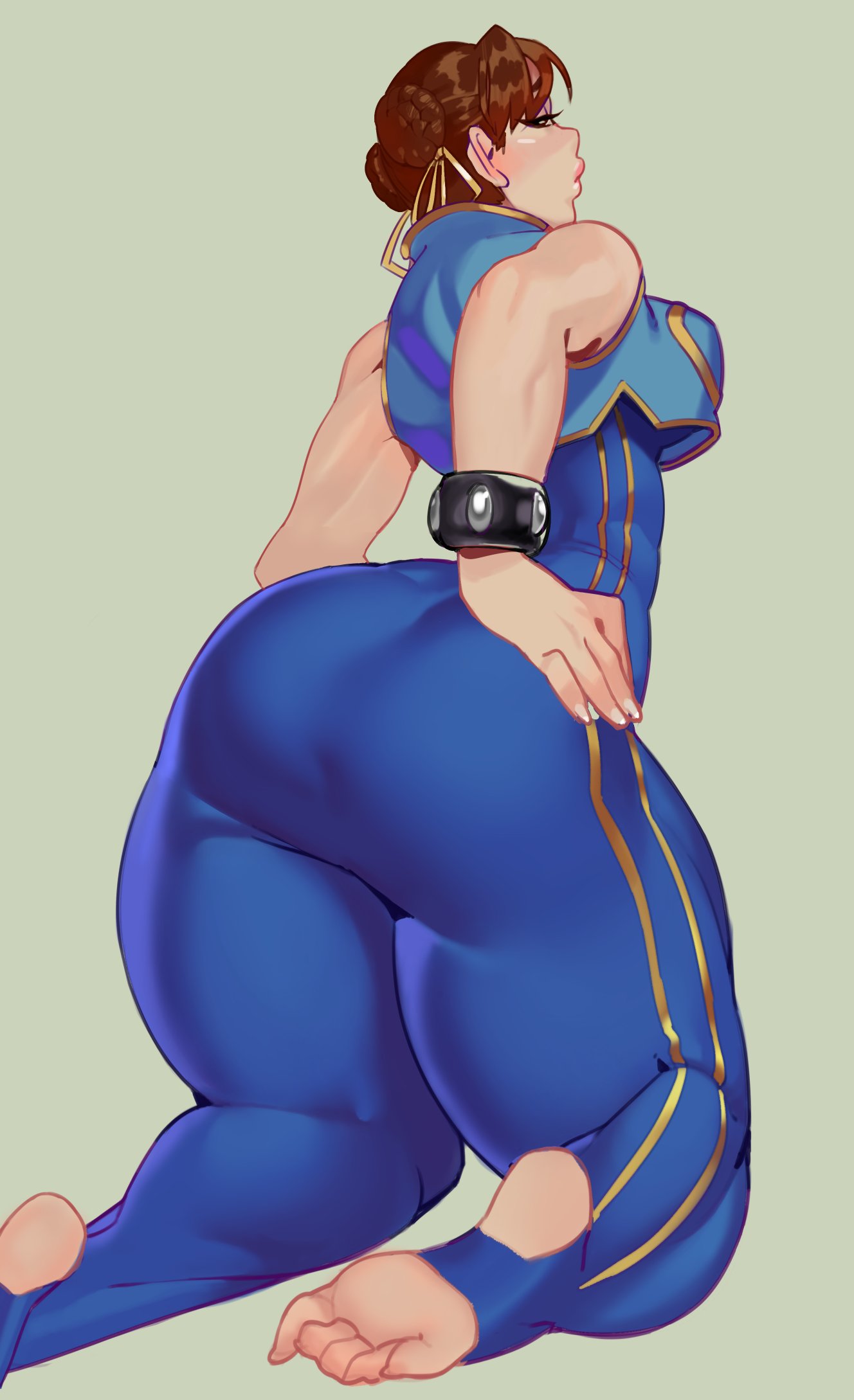 1girl ass barefoot blue_bodysuit bodysuit bracelet breasts brown_eyes brown_hair capcom chun-li closed_mouth double_buns feet foot from_behind green_background half-closed_eyes hands_on_hips hips huge_ass jewelry kneeling legs looking_at_viewer matching_hair/eyes medium_breasts simple_background sleeveless soles solo spiked_bracelet spikes street_fighter thick_thighs thighs toeless_legwear toes vest wide_hips