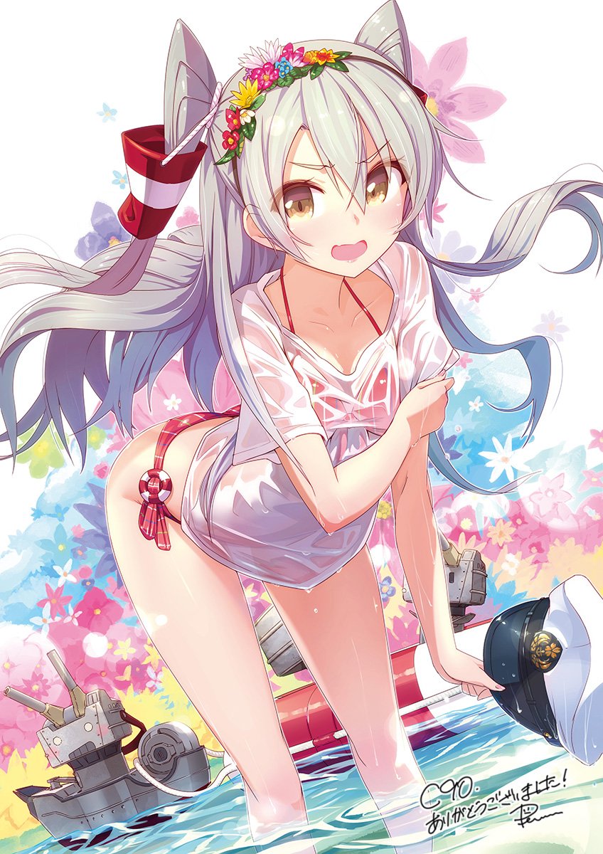 :d amatsukaze_(kantai_collection) angry bent_over bikini blush brown_eyes collarbone dripping floral_background flower hair_between_eyes hair_flower hair_ornament hair_tie hair_tubes hairband hat hat_removed headwear_removed highres holding holding_hat kantai_collection lifebuoy long_hair machinery o_o open_mouth peaked_cap pemu red_bikini rensouhou-chan rensouhou-kun robot see-through shirt short_sleeves signature silver_hair smile solo swimsuit two_side_up v-shaped_eyebrows very_long_hair wading water water_drop wet wet_clothes wet_hat wet_shirt white_hat white_shirt