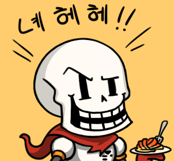 armor chibi cocked_eyebrow food fork gloves grin gyate_gyate korean laughing lowres male_focus papyrus_(undertale) pasta plate scarf simple_background skeleton smile solo spaghetti translation_request undertale upper_body yaruky yellow_background