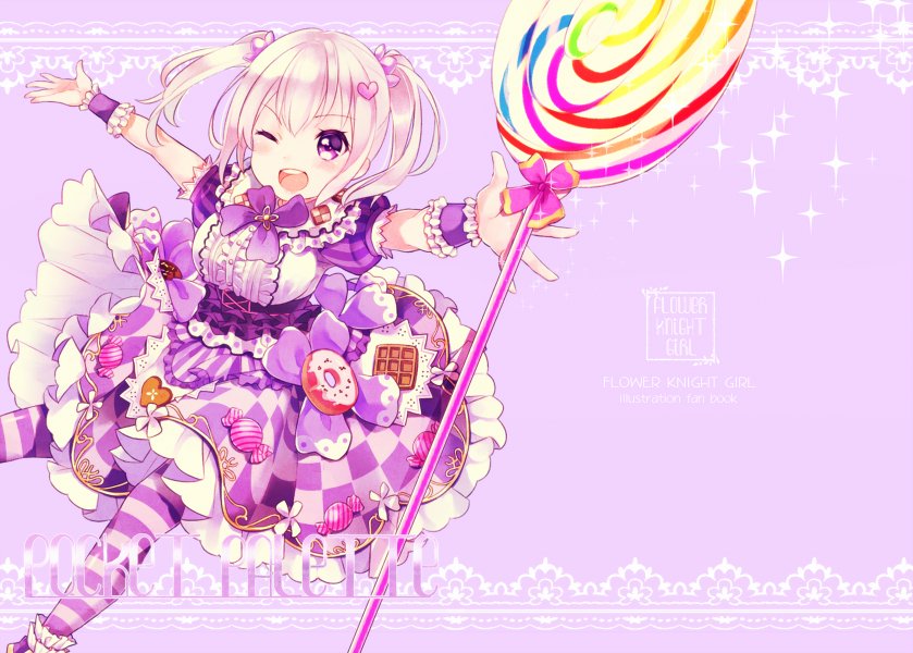 ;d candy copyright_name doughnut flower_knight_girl food food_themed_ornament frills hair_ornament heart heart_hair_ornament houzuki_michiru iberis_(flower_knight_girl) lollipop looking_at_viewer one_eye_closed open_mouth oversized_object pantyhose purple purple_background purple_eyes purple_skirt short_hair short_twintails skirt smile solo sparkle striped striped_legwear swirl_lollipop twintails waffle white_hair wrist_cuffs