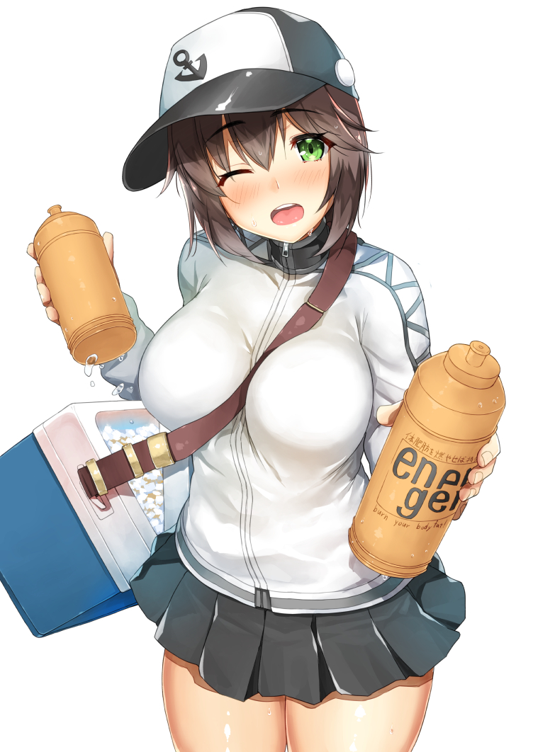 ;d anchor_symbol baseball_cap between_breasts black_hair black_skirt blush body_mahattaya_ginga bottle breasts commentary_request convention_greeting cooler eyebrows eyebrows_visible_through_hair green_eyes hat hayasui_(kantai_collection) hot jacket kantai_collection large_breasts long_sleeves looking_at_viewer miniskirt one_eye_closed open_mouth pleated_skirt round_teeth short_hair simple_background skirt smile solo strap_cleavage sweat teeth track_jacket white_background zipper