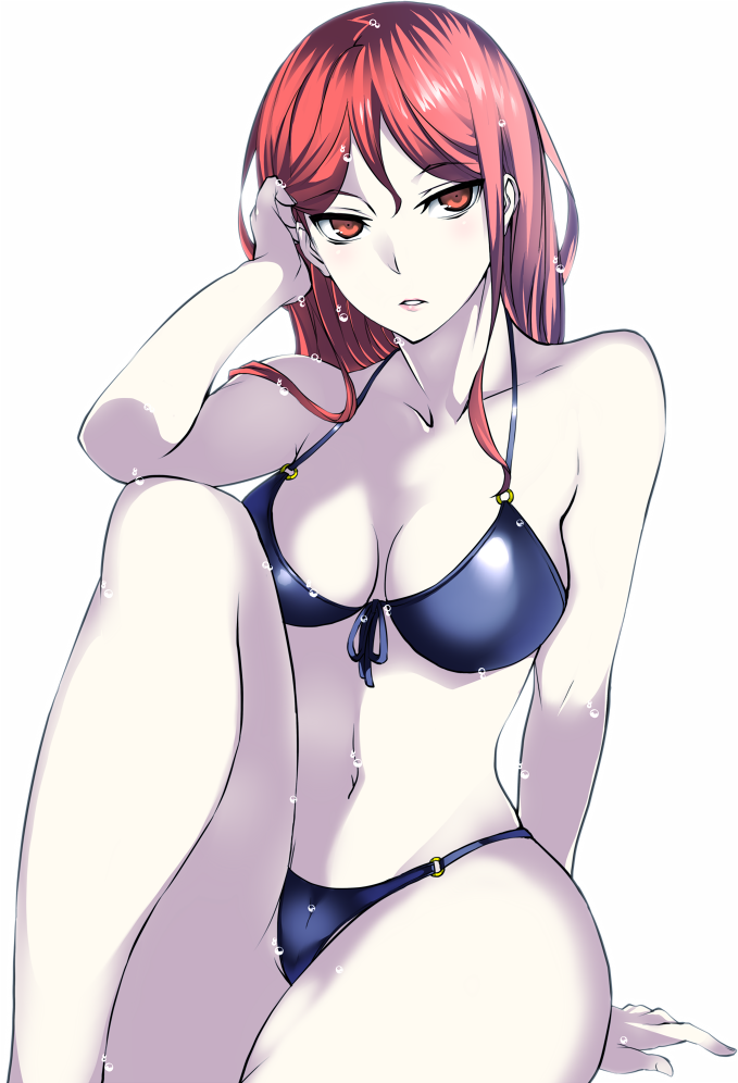 bikini front-tie_top long_hair looking_at_viewer navel o-ring o-ring_bottom o-ring_top original pale_skin parted_lips red_eyes red_hair solo swimsuit wet yosimura