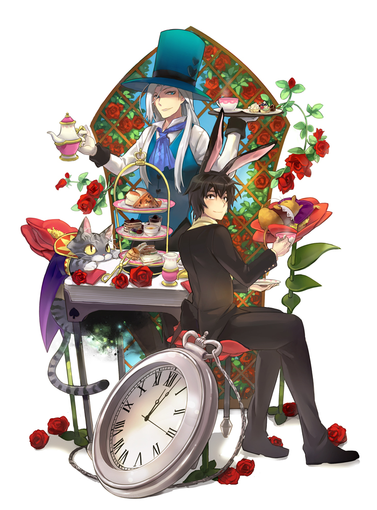 alice_in_wonderland animal_ears bad_id bad_pixiv_id black_hair blue_eyes bunny_ears cat cheshire_cat cup dessert dormouse flower food formal gl_ztoh gloves hat mad_hatter male_focus march_hare multiple_boys personification pocket_watch scissors suit table teacup teapot tiered_tray tiramisu tray vest watch white_gloves white_hair