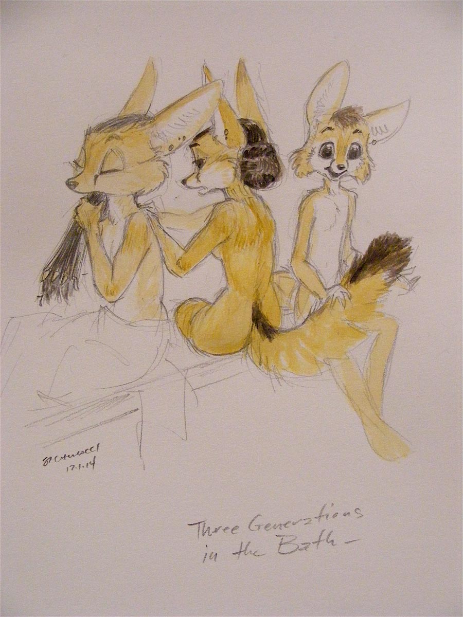 2014 anthro black_hair breasts canine english_text eyes_closed female fennec fox fur grooming group hair mammal nude simple_background steve_gallacci text white_background yellow_fur