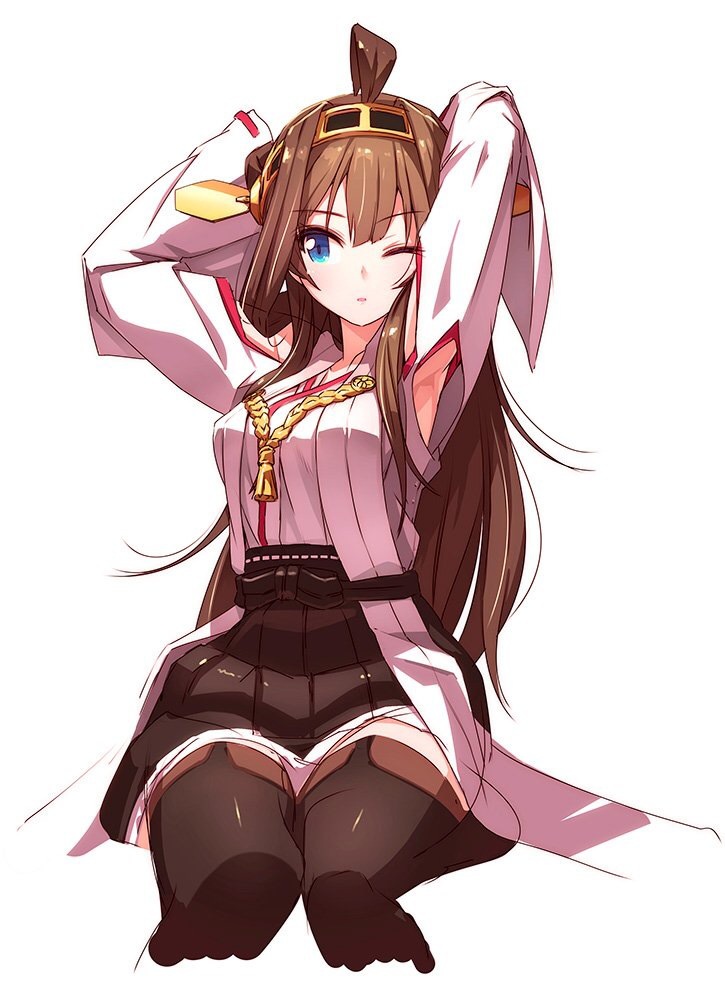 ahoge armpits arms_up bad_id bad_twitter_id blue_eyes boots breasts brown_hair brown_skirt detached_sleeves hairband headgear japanese_clothes kantai_collection kongou_(kantai_collection) large_breasts long_hair looking_to_the_side nontraditional_miko one_eye_closed pemu ribbon-trimmed_sleeves ribbon_trim skirt solo thigh_boots thighhighs wide_sleeves